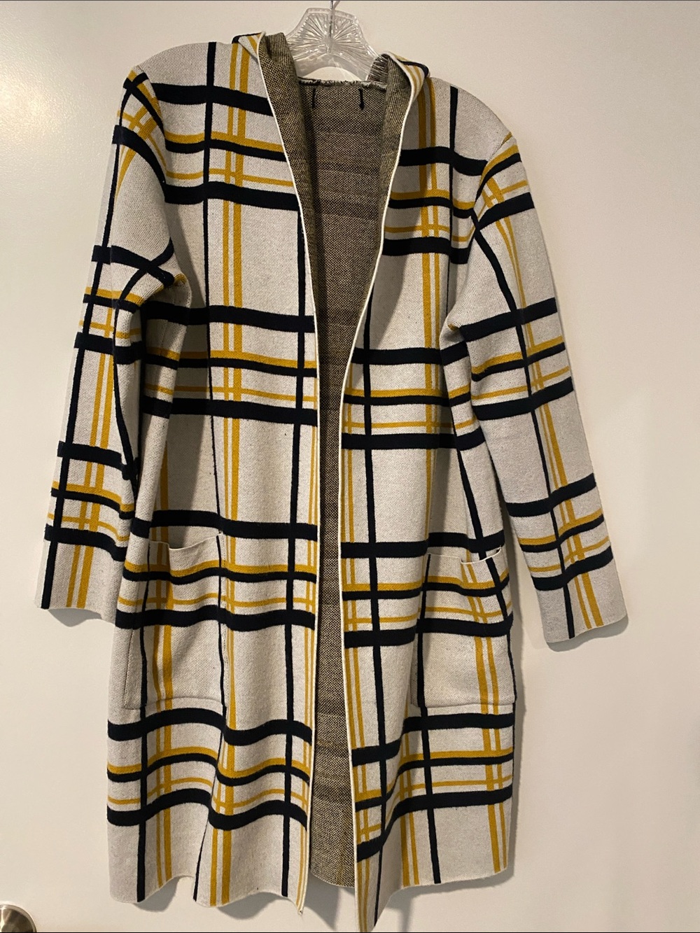 Rachel Zoe Plaid Hooded Open-Front Cardigan Jacket Coat Sweater Mustard M